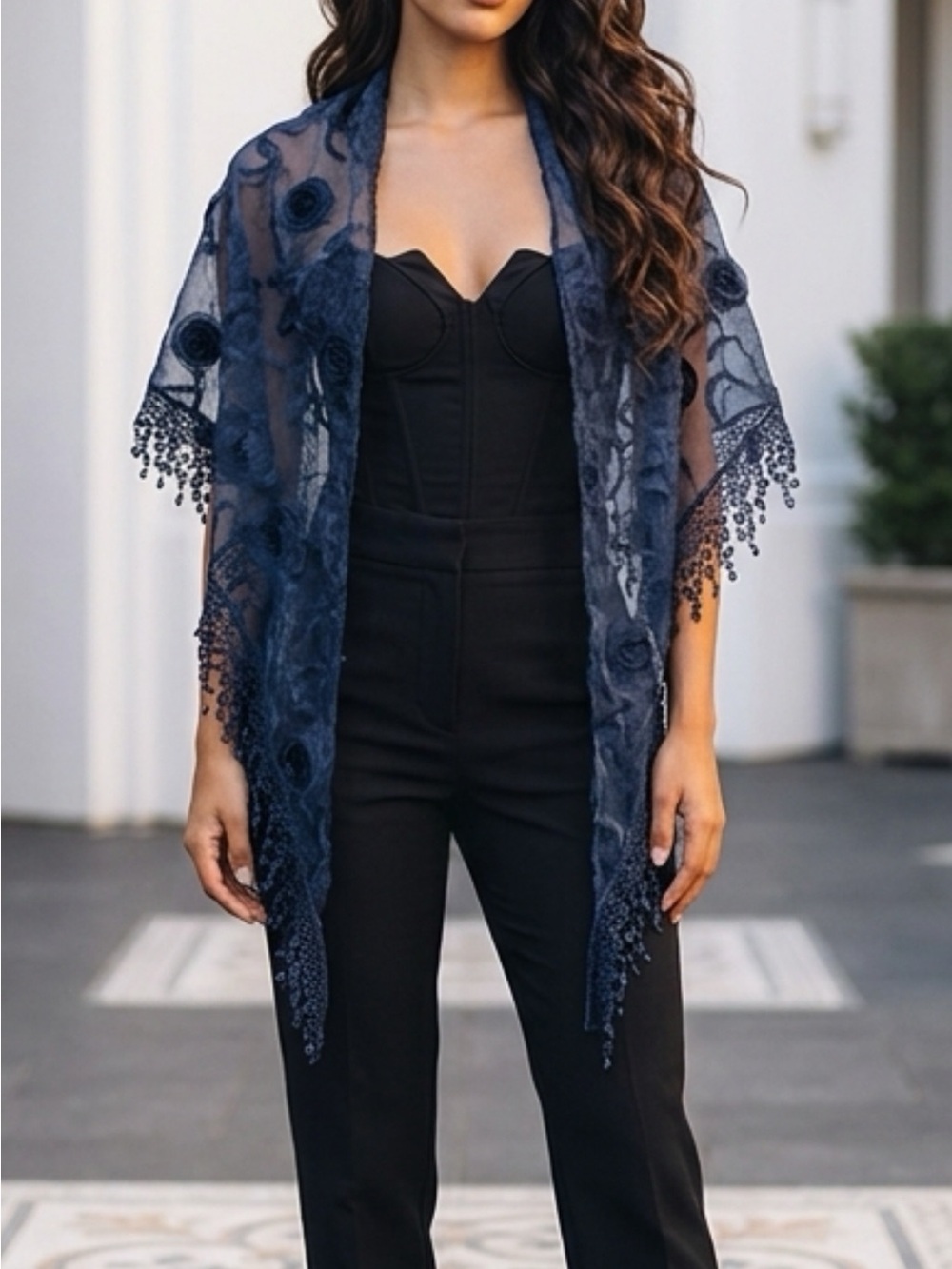 Sheer Navy Lace Shawl Wrap with Beaded Fringe - Picture 1 of 1